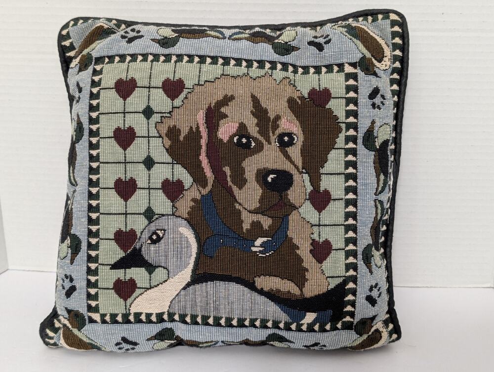 Vintage Puppy and Duck Needlepoint Pillow Heart Border Paw Prints Padded Edging